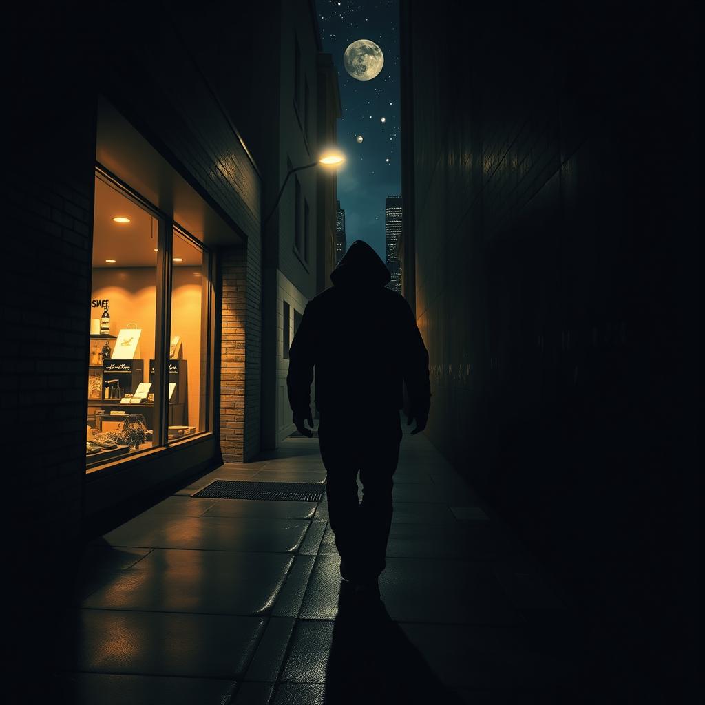 A dramatic scene depicting a night-time burglary in a modern urban setting