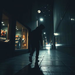 A dramatic scene depicting a night-time burglary in a modern urban setting