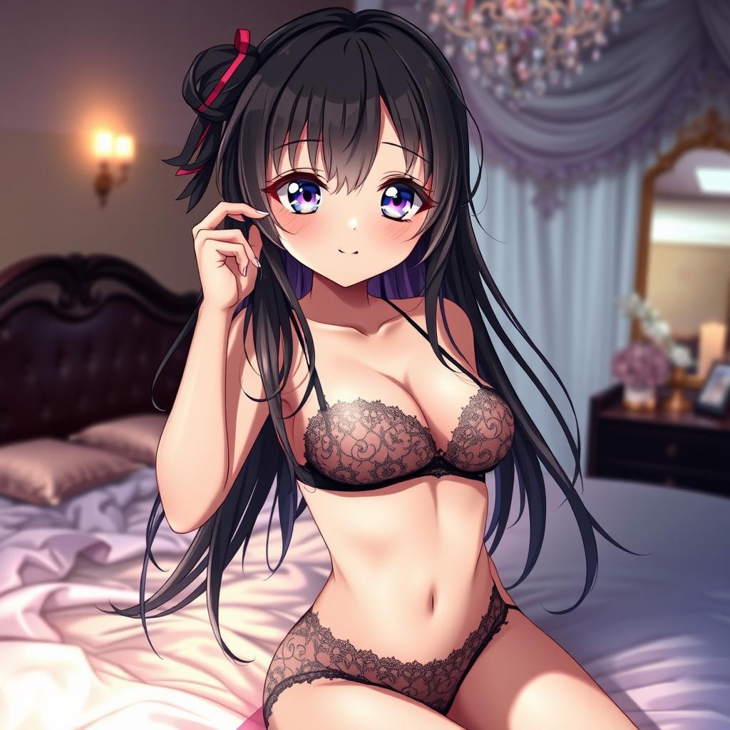 A beautiful anime girl with long flowing hair and captivating large eyes, wearing stylish and revealing lingerie