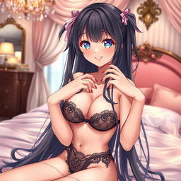 A beautiful anime girl with long flowing hair and captivating large eyes, wearing stylish and revealing lingerie