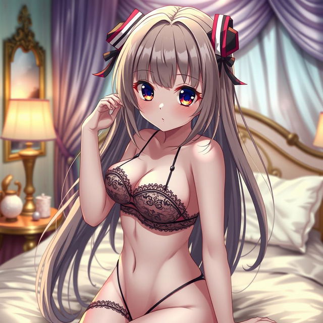 A beautiful anime girl with long flowing hair and captivating large eyes, wearing stylish and revealing lingerie