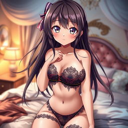 A beautiful anime girl with long flowing hair and captivating large eyes, wearing stylish and revealing lingerie