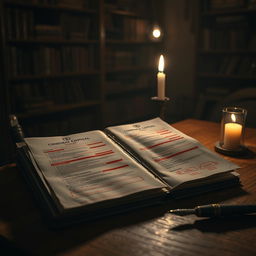 An intriguing, mysterious scene featuring a confidential dossier on a wooden table
