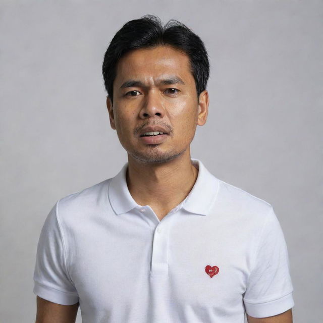 A 40-year-old Malay man, wearing a white polo t-shirt, is standing. His face shows an expression of great pain, as he is experiencing a heart attack. The scene is set against a neutral background.