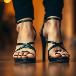 A close-up image of stylish small feet wearing black high heel sandals