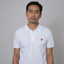 A 40-year-old Malay man, wearing a white polo t-shirt, is standing. His face shows an expression of great pain, as he is experiencing a heart attack. The scene is set against a neutral background.