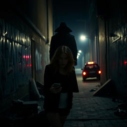 A suspenseful thriller scene set in a dimly lit urban alleyway at night