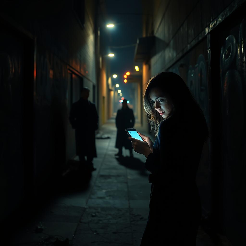 A suspenseful thriller scene set in a dimly lit urban alleyway at night