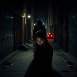 A suspenseful thriller scene set in a dimly lit urban alleyway at night