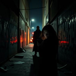 A suspenseful thriller scene set in a dimly lit urban alleyway at night