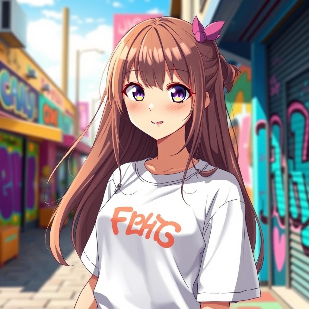 An anime girl with long flowing hair wearing a stylish t-shirt, the outfit has a casual and trendy vibe