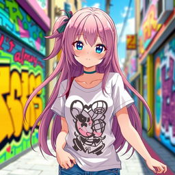 An anime girl with long flowing hair wearing a stylish t-shirt, the outfit has a casual and trendy vibe