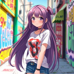 An anime girl with long flowing hair wearing a stylish t-shirt, the outfit has a casual and trendy vibe