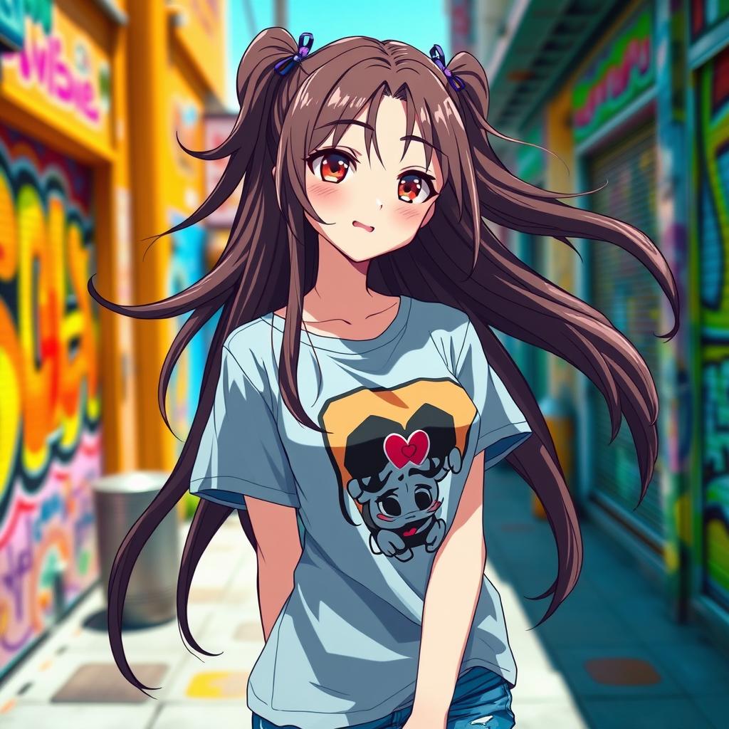 An anime girl with long flowing hair wearing a stylish t-shirt, the outfit has a casual and trendy vibe