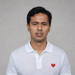 A 40-year-old Malay man, wearing a white polo t-shirt, is standing. His face shows an expression of great pain, as he is experiencing a heart attack. The scene is set against a neutral background.