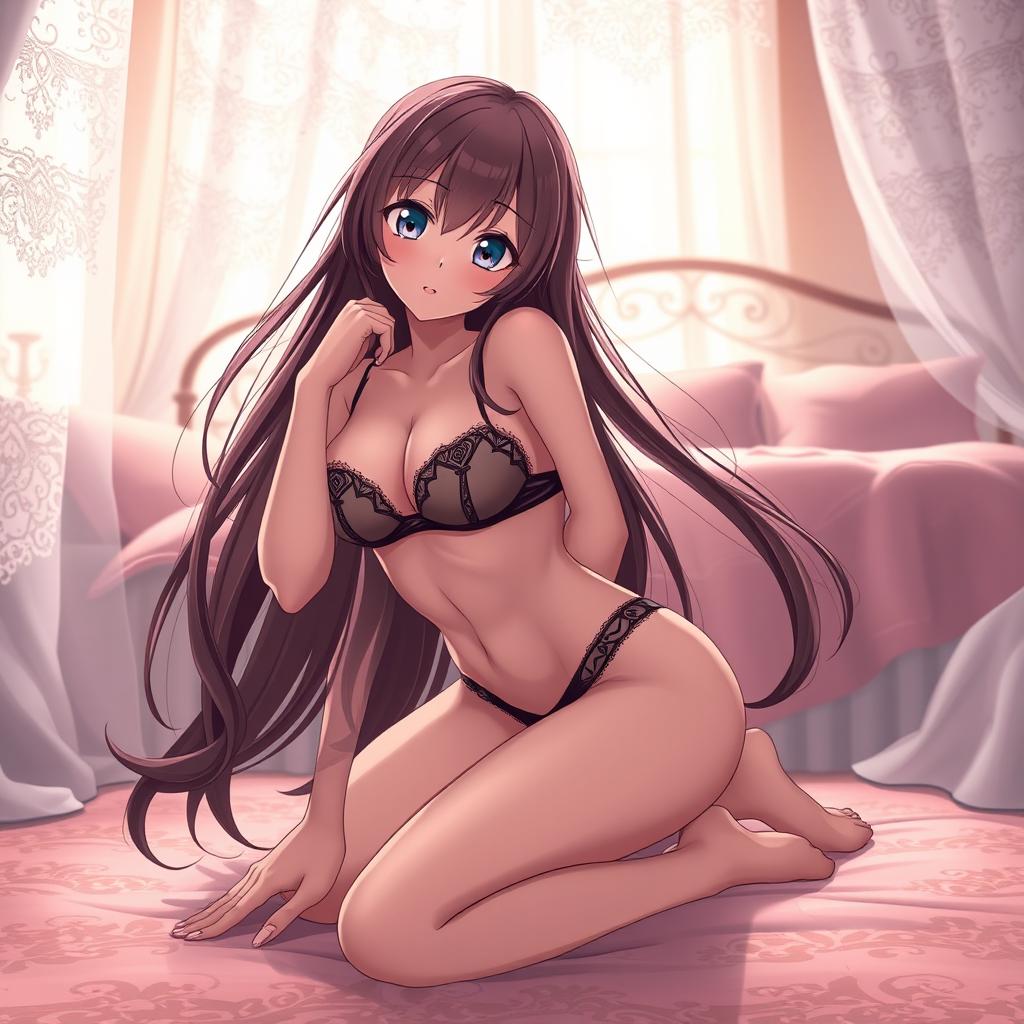 An anime girl on her knees wearing sexy underwear