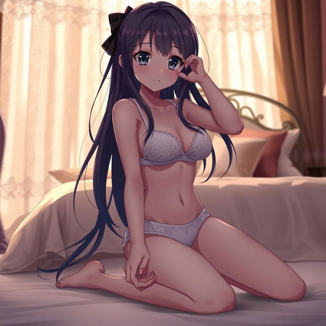 An anime girl on her knees wearing sexy underwear