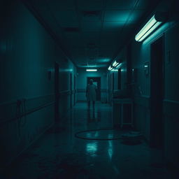 A suspenseful scene set in a dimly lit hospital at night, with flickering fluorescent lights casting eerie shadows on the walls