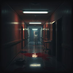 A suspenseful scene set in a dimly lit hospital at night, with flickering fluorescent lights casting eerie shadows on the walls