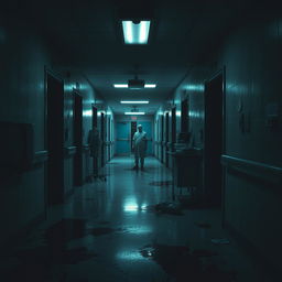 A suspenseful scene set in a dimly lit hospital at night, with flickering fluorescent lights casting eerie shadows on the walls