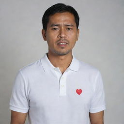 A 40-year-old Malay man, wearing a white polo t-shirt, is standing. His face shows an expression of great pain, as he is experiencing a heart attack. The scene is set against a neutral background.