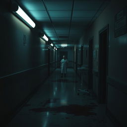 A suspenseful scene set in a dimly lit hospital at night, with flickering fluorescent lights casting eerie shadows on the walls