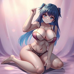 A voluptuous anime girl with striking features and colorful hair, kneeling seductively