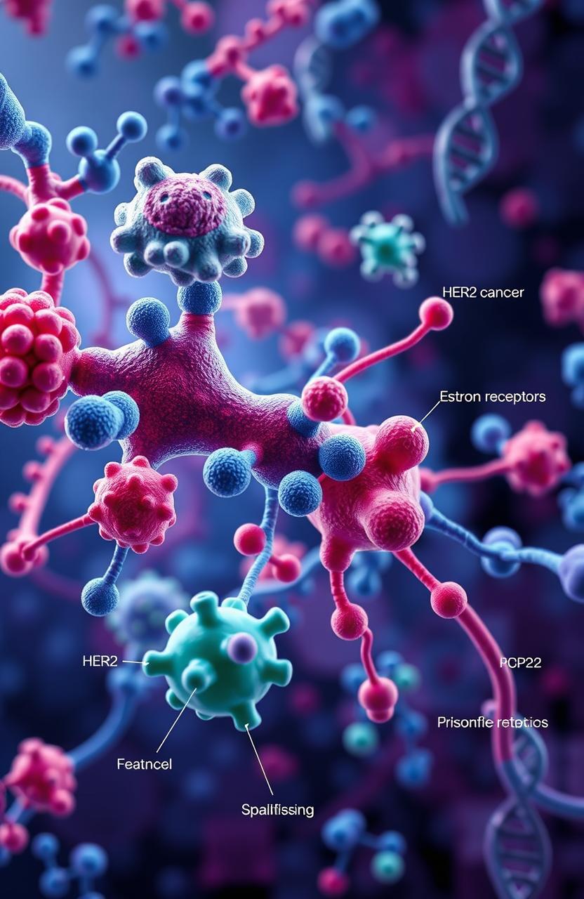 A close-up, detailed molecular representation of breast cancer mechanisms, showcasing various proteins, cells, and receptors involved in the disease process