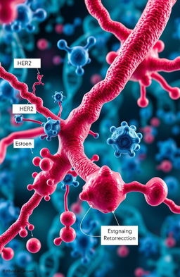 A close-up, detailed molecular representation of breast cancer mechanisms, showcasing various proteins, cells, and receptors involved in the disease process