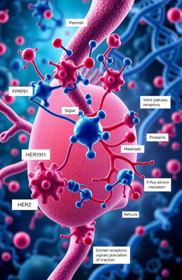 A close-up, detailed molecular representation of breast cancer mechanisms, showcasing various proteins, cells, and receptors involved in the disease process