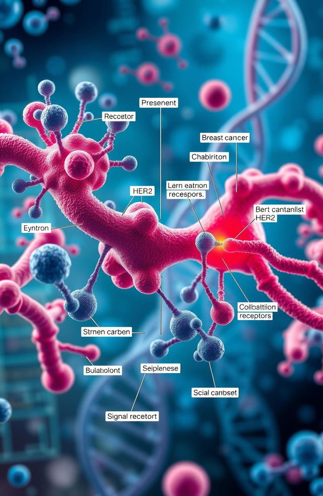 A close-up, detailed molecular representation of breast cancer mechanisms, showcasing various proteins, cells, and receptors involved in the disease process