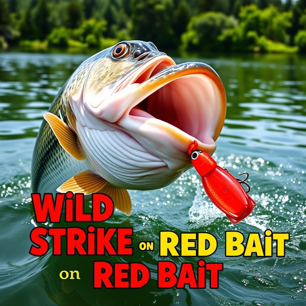 A striking close-up of a large bass fish aggressively attacking a bright red lure in clear water, showcasing action and excitement