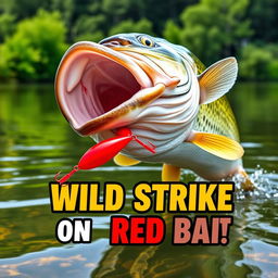 A striking close-up of a large bass fish aggressively attacking a bright red lure in clear water, showcasing action and excitement