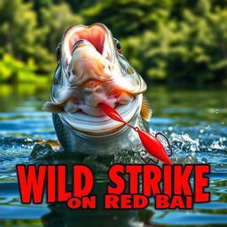 A striking close-up of a large bass fish aggressively attacking a bright red lure in clear water, showcasing action and excitement