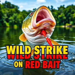 A striking close-up of a large bass fish aggressively attacking a bright red lure in clear water, showcasing action and excitement