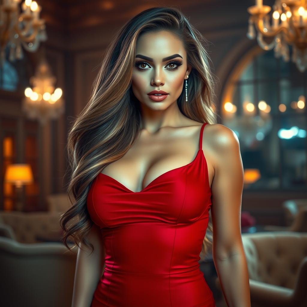 A gorgeous and alluring woman with long, flowing hair, dressed in a stunning, figure-hugging red dress that accentuates her curves