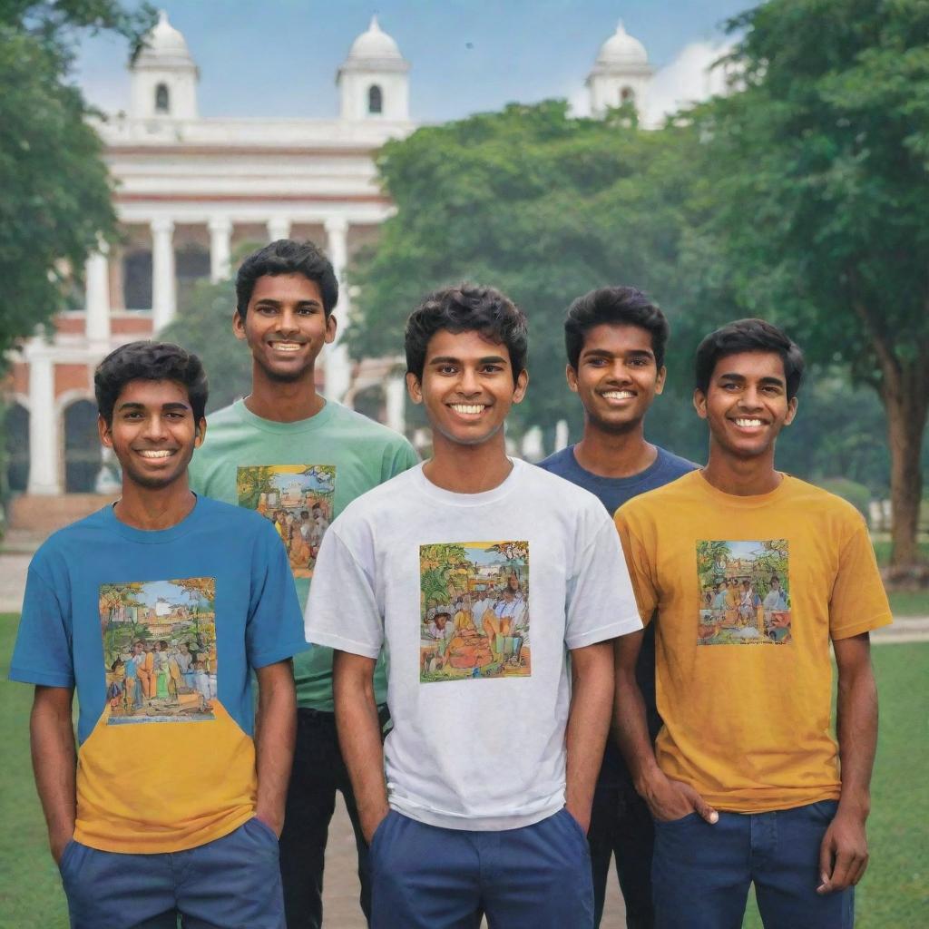 Illustrate a lively cartoon image of six male Sri Lankan university students. They all wear t-shirts emblazoned with 'UoC'. Each student should showcase their individual style, set against the backdrop of Sri Lankan university scenery.