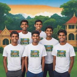 Illustrate a lively cartoon image of six male Sri Lankan university students. They all wear t-shirts emblazoned with 'UoC'. Each student should showcase their individual style, set against the backdrop of Sri Lankan university scenery.