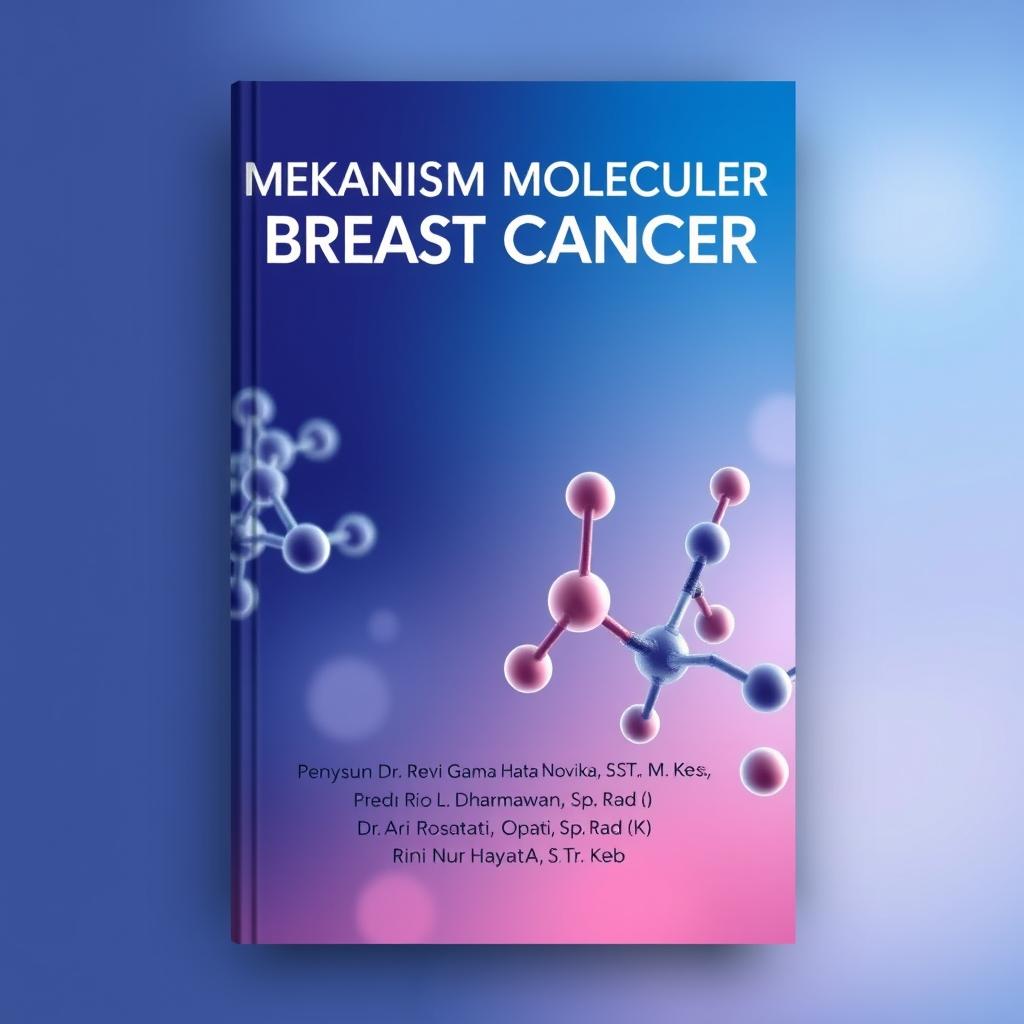 A professional and visually appealing cover design for the book titled 'MEKANISM MOLECULER BREAST CANCER', featuring an abstract, artistic representation of molecular structures relevant to breast cancer research