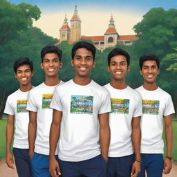 Illustrate a lively cartoon image of six male Sri Lankan university students. They all wear t-shirts emblazoned with 'UoC'. Each student should showcase their individual style, set against the backdrop of Sri Lankan university scenery.