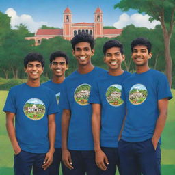 Illustrate a lively cartoon image of six male Sri Lankan university students. They all wear t-shirts emblazoned with 'UoC'. Each student should showcase their individual style, set against the backdrop of Sri Lankan university scenery.