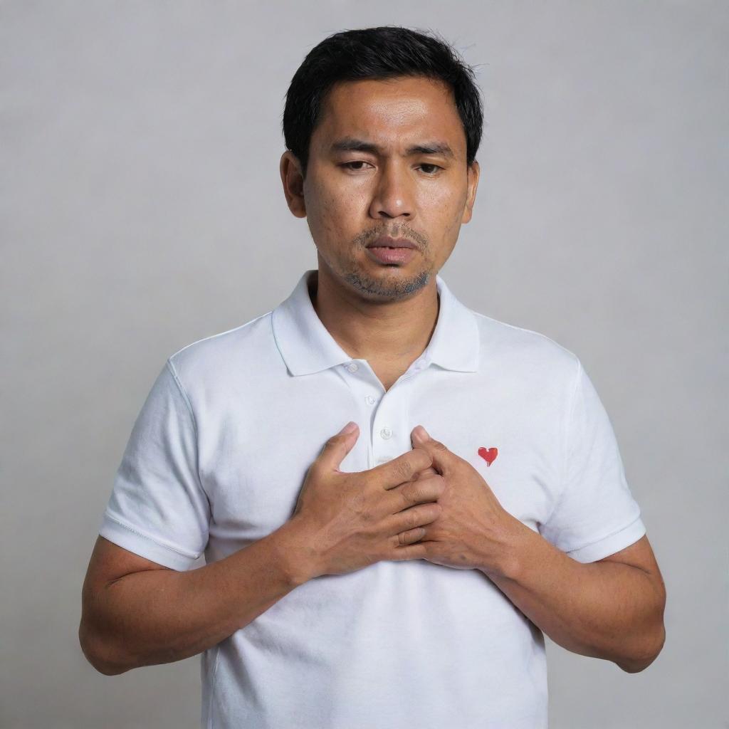 A 40-year-old Malay man, dressed in a white polo t-shirt, is standing while clutching at his chest in evident pain. His face displays anguish as he is in the throes of a heart attack, set against a neutral background.