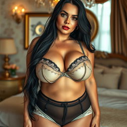 A realistic portrait of a curvy woman with long black hair and freckles wearing elegant lingerie and fashionable shorts