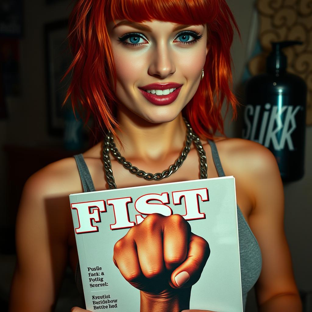 A close-up shot of a stunning female redhead, featuring her chest and torso