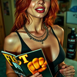 A close-up shot of a stunning female redhead, featuring her chest and torso