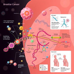 A detailed and educational illustration of molecular mechanisms involved in breast cancer