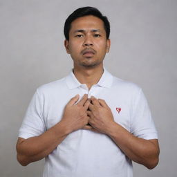 A 40-year-old Malay man, dressed in a white polo t-shirt, is standing while clutching at his chest in evident pain. His face displays anguish as he is in the throes of a heart attack, set against a neutral background.