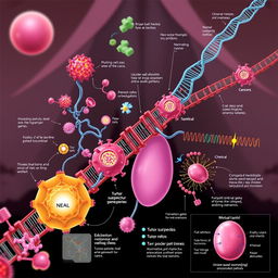 A detailed and educational illustration of molecular mechanisms involved in breast cancer