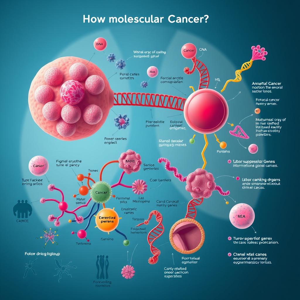 A detailed and educational illustration of molecular mechanisms involved in breast cancer