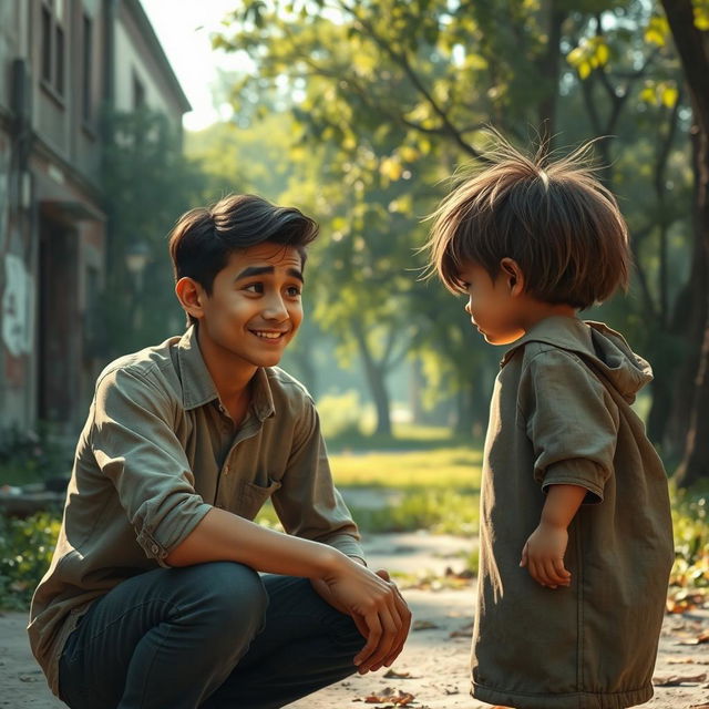 A scene depicting a heartfelt conversation between a kind-faced man and a young child in a run-down urban environment